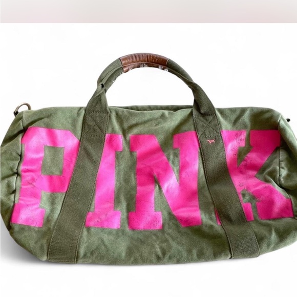 PINK Victoria's Secret Olive Green Travel Bag with Pink Lettering - Picture 2 of 8